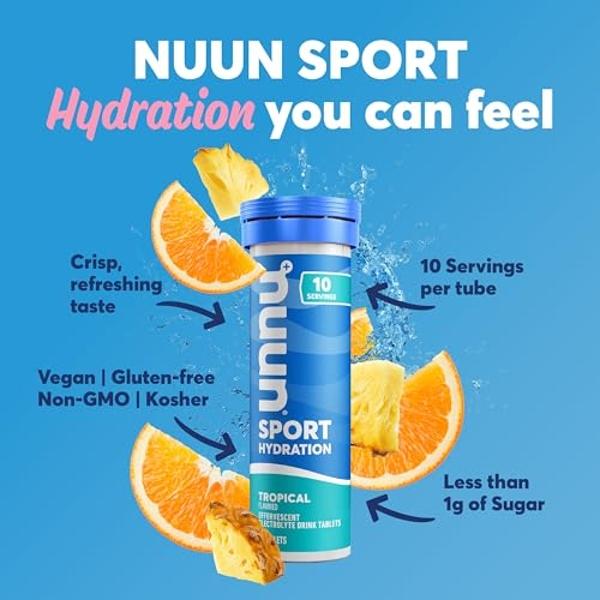 Tabletas de electrolitos Nuun Sport con magnesio, calcio, potasio, cloruro y sodio, sin gluten y veganas, sabor tropical, paquete de 8 (80 porciones en total)