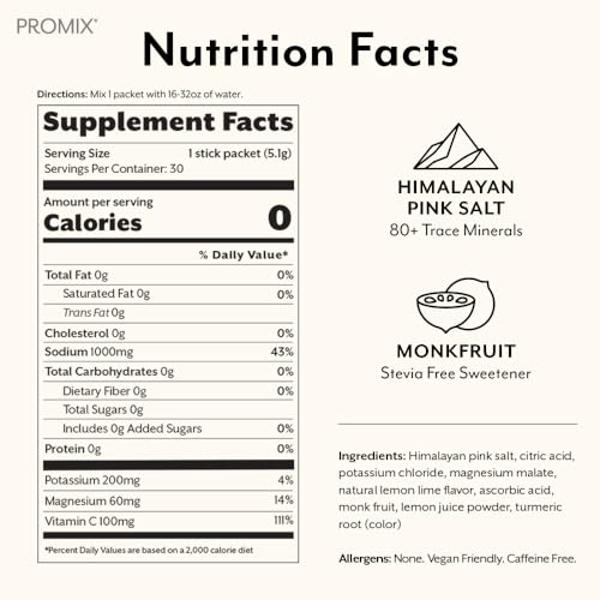 Sobres de electrolitos en polvo ProMix Nutrition - Sin azúcar, cero calorías, sin stevia, aptos para ayuno, sal rosa del Himalaya natural - Limón y lima - 30 porciones (paquete de 