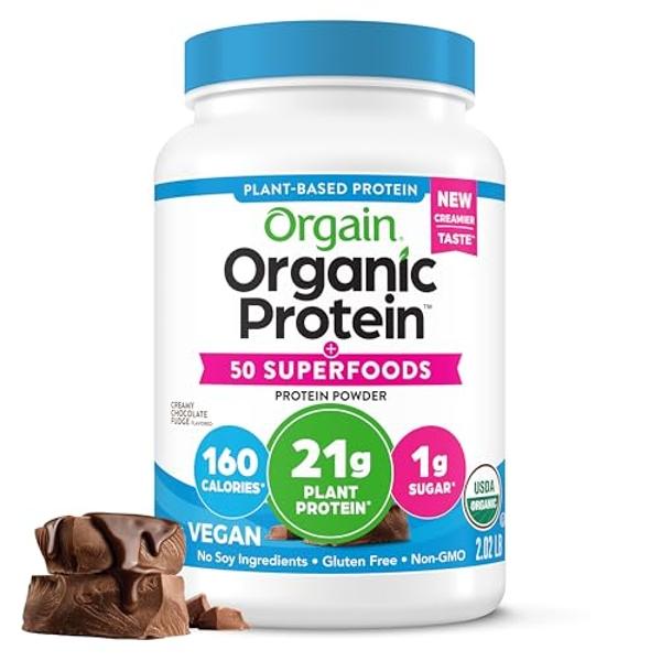 Proteína vegana orgánica Orgain + 50 superalimentos en polvo, sabor cremoso de chocolate - 21 g de proteína vegetal, 9 g de fibra prebiótica, sin lactosa, sin gluten, sin azúcar añ