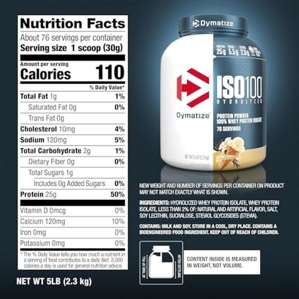 Proteína de suero Dymatize ISO 100 en polvo con 25 g de aislado de suero 100 % hidrolizado, sabor vainilla, 2,25 kg (el envase puede variar).
