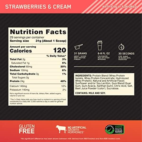Proteína de suero de leche en polvo Optimum Nutrition Gold Standard 100%, sabor fresa y crema, 900 g (el empaque puede variar)