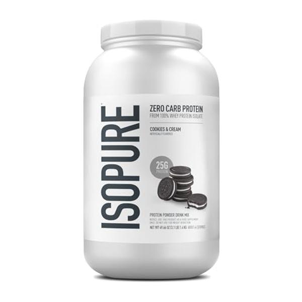 Isopure Zero Carb - Proteína de suero 100 % pura en polvo, sin lactosa ni gluten, con vitaminas y sabor a galletas y crema, 25 g de proteína por ración, 1,3 kg, 44 raciones (el env