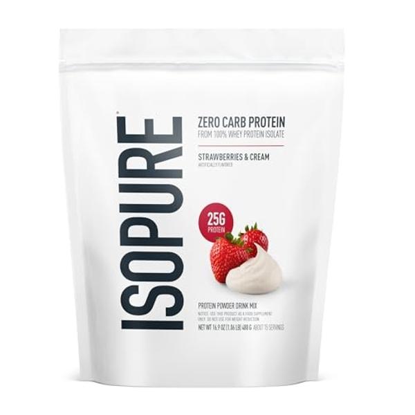 Isopure Zero Carb, proteína de suero 100 % pura, sin lactosa ni gluten, con vitaminas y sabor a fresas y crema. 25 g de proteína por porción, 450 g, 15 porciones (el empaque puede 