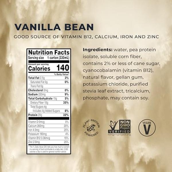 Batido de proteína vegetal Evolve, sabor vainilla, 20 g de proteína vegana, sin lácteos, sin edulcorantes artificiales, sin OMG, 10 g de fibra, 325 ml (paquete de 12) (la fórmula p