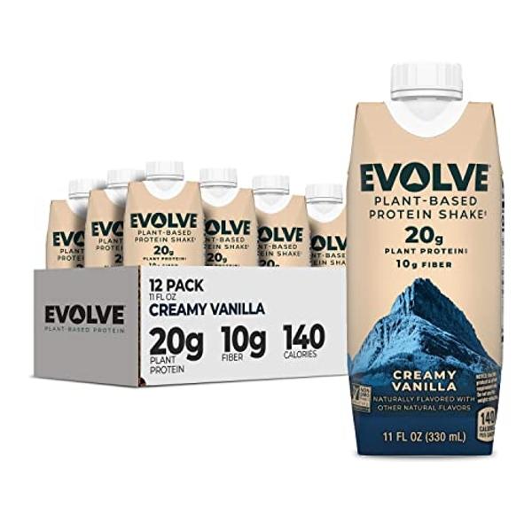 Batido de proteína vegetal Evolve, sabor vainilla, 20 g de proteína vegana, sin lácteos, sin edulcorantes artificiales, sin OMG, 10 g de fibra, 325 ml (paquete de 12) (la fórmula p