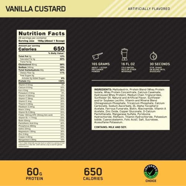 Optimum Nutrition Gold Standard Pro Gainer, proteína en polvo para ganar peso, sabor vainilla, 4.6 kg (el empaque puede variar)