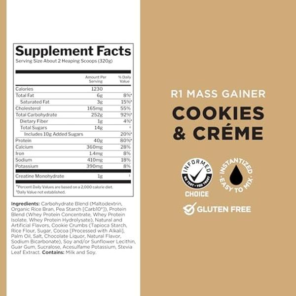 Rule One Proteins, R1 Mass Gainer - Galletas y Crema, Fórmula para ganar peso con alto contenido calórico, más de 1220 calorías, más de 250 g de mezcla de carbohidratos complejos, 
