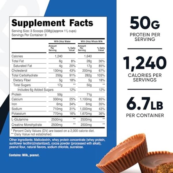 Nutricost Mass Gainer (sabor a chocolate y mantequilla de cacahuete, 3 kg) 50 g de proteína por ración - Sin OMG