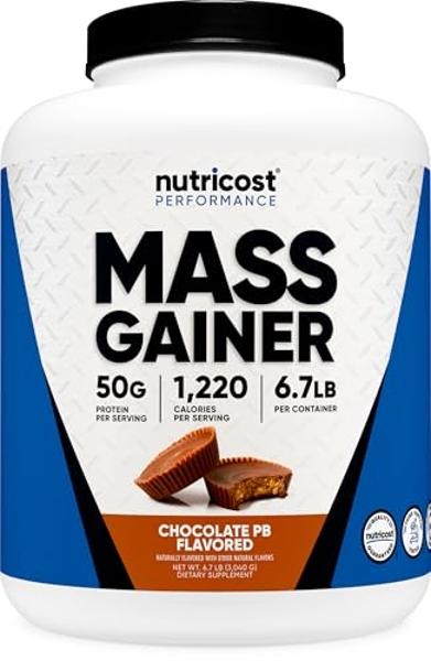 Nutricost Mass Gainer (sabor a chocolate y mantequilla de cacahuete, 3 kg) 50 g de proteína por ración - Sin OMG