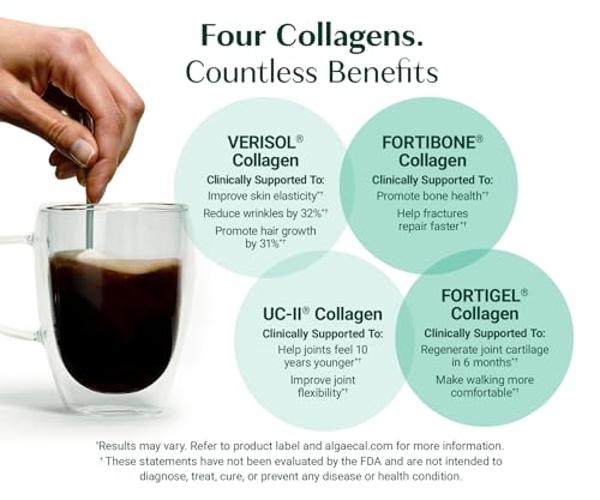 Colágeno ALGAECAL: 4 péptidos con respaldo clínico: VERISOL®, FORTIGEL®, UC-II®, FORTIBONE®, colágeno hidrolizado en polvo antienvejecimiento, 30 porciones, fabricado en EE. UU.