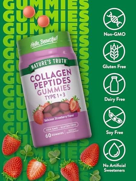 Gomitas de péptidos de colágeno Nature's Truth para mujeres | 60 unidades para tipos 1 y 3 | Sabor a fresa | Suplemento sin OMG ni gluten