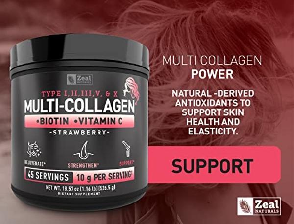 Proteína en polvo premium de péptidos multicolágeno (1, 2, 3, 5 y 10) con vitamina C, biotina y ácido hialurónico, para cabello, piel y uñas - Marina, bovina, de pollo y cáscara de