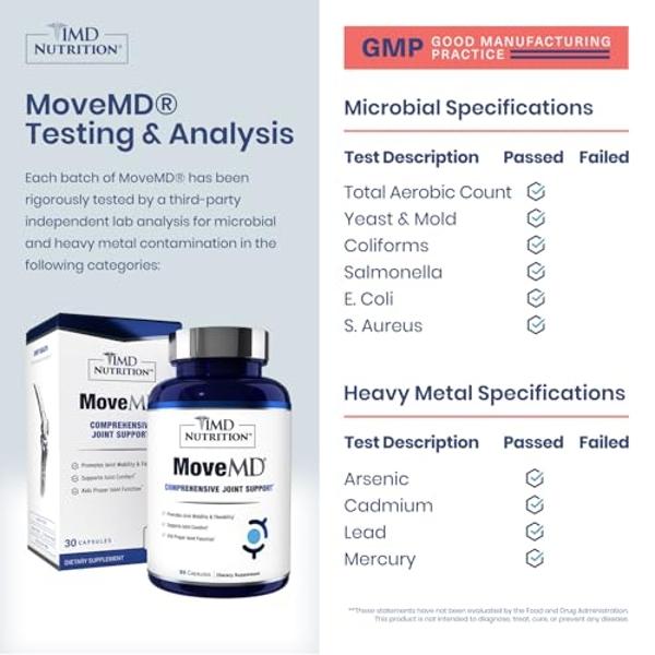1MD Nutrition MoveMD - Suplemento para el malestar y el apoyo de las articulaciones. Nuestras pastillas de colágeno están formuladas con ácido hialurónico y astaxantina para mujere