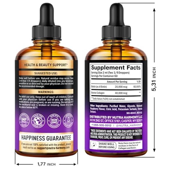 Biotina y colágeno líquidos: vitaminas para el crecimiento del cabello en mujeres y hombres. Gotas extrafuertes de 60 000 mcg. Suplemento de vitamina B7. Uñas fuertes y piel sana. 
