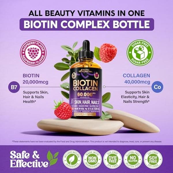 Biotina y colágeno líquidos: vitaminas para el crecimiento del cabello en mujeres y hombres. Gotas extrafuertes de 60 000 mcg. Suplemento de vitamina B7. Uñas fuertes y piel sana. 