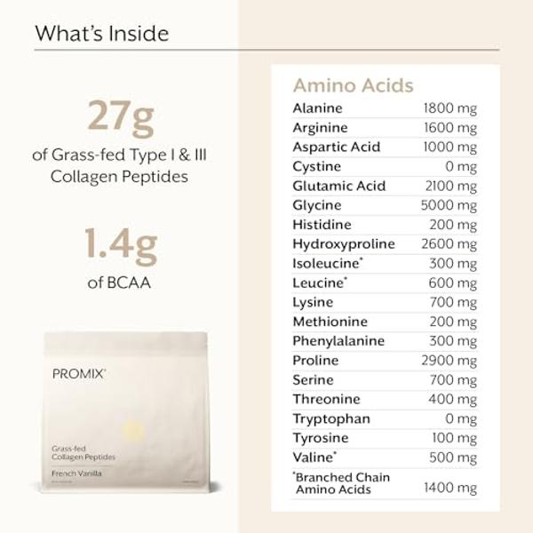 Péptidos de colágeno ProMix Nutrition, vainilla - Proteína de colágeno hidrolizada que promueve la salud de la piel, los huesos y las articulaciones, y favorece la recuperación. Añ