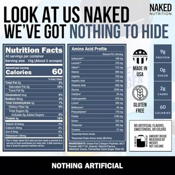 Crema de colágeno para café moca Naked Collagen - Crema de colágeno para café - Sin lácteos, sin gluten, sin OMG - Protege el cabello, la piel y las uñas - 40 porciones