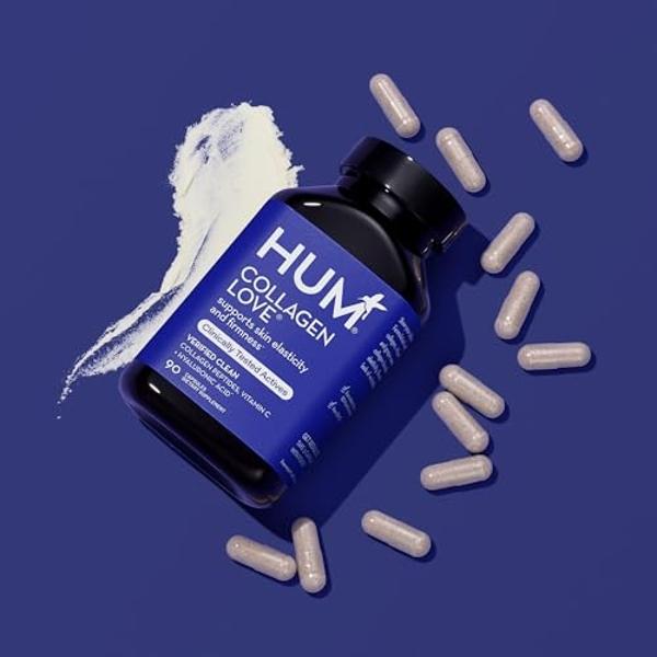 Suplemento para la piel HUM Collagen Love: péptidos de colágeno con ácido hialurónico y vitamina C que reafirman la piel y ayudan a minimizar los signos del envejecimiento. Supleme