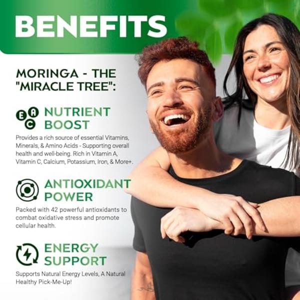 Cápsulas de Moringa Rosabella - Moringa pura en polvo, superalimento para la energía, la piel, el sistema inmunitario y la salud intestinal, rico en antioxidantes, vitaminas esenci