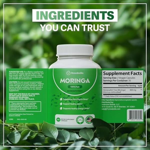 Cápsulas de Moringa Rosabella - Moringa pura en polvo, superalimento para la energía, la piel, el sistema inmunitario y la salud intestinal, rico en antioxidantes, vitaminas esenci