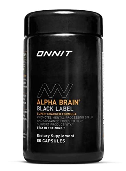 Cápsulas ONNIT Alpha Brain Black Label (80 unidades): Suplemento cerebral premium de citicolina para concentración y memoria. Melena de león, Hericium erinaceus, L-teanina y Mucuna