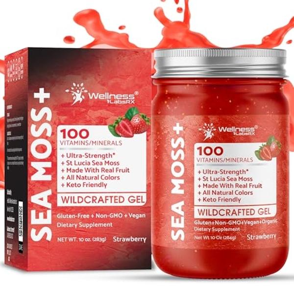 Gel de musgo marino irlandés orgánico crudo - Gel de musgo marino superalimento silvestre - Sabor a fresa, rico en vitaminas y minerales de las aguas cristalinas del Caribe, apoyo 