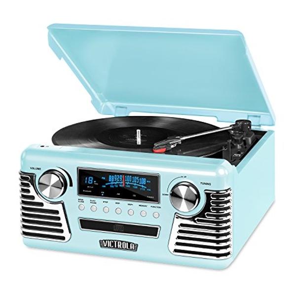 Tocadiscos y centro multimedia Victrola retro de los años 50 con Bluetooth y altavoces integrados: tocadiscos de 3 velocidades, reproductor de CD y radio AM/FM | Transmisión de mús