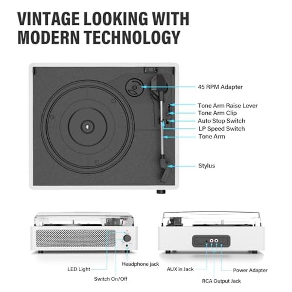 Tocadiscos inalámbrico Bluetooth con altavoces para discos de vinilo, tocadiscos vintage de transmisión por correa, compatible con 3 velocidades, auriculares, línea RCA y entrada a
