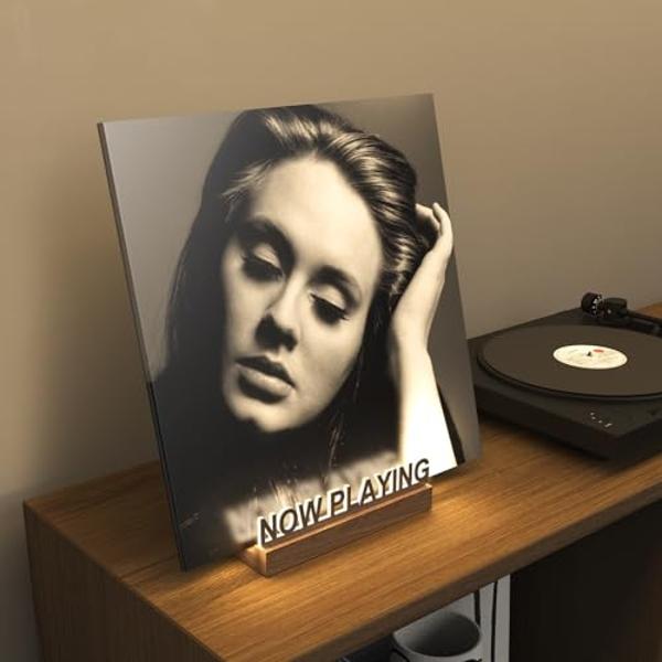 KORRTFID Soporte para discos de vinilo (reproducción en directo), soporte iluminado para exhibición de discos de vinilo, soporte para guardar álbumes, luz blanca cálida con letras 
