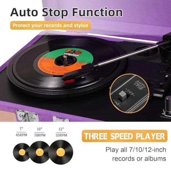 Tocadiscos inalámbrico Bluetooth con altavoces para discos de vinilo, tocadiscos vintage de transmisión por correa, compatible con 3 velocidades, auriculares, línea RCA y entrada a