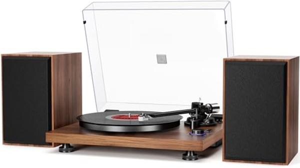 Sistema Hi-Fi con tocadiscos Bluetooth y altavoces de estantería de 36 vatios, reproductor de discos de vinilo de diseño patentado con cartucho magnético, reproducción Bluetooth y 