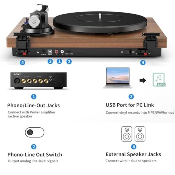 Sistema Hi-Fi con tocadiscos Bluetooth y altavoces de estantería de 36 vatios, reproductor de discos de vinilo de diseño patentado con cartucho magnético, reproducción Bluetooth y 