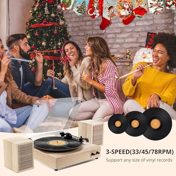 Sistema Hi-Fi con tocadiscos Bluetooth y altavoces de estantería de 36 vatios, reproductor de discos de vinilo de diseño patentado con cartucho magnético, reproducción Bluetooth y 
