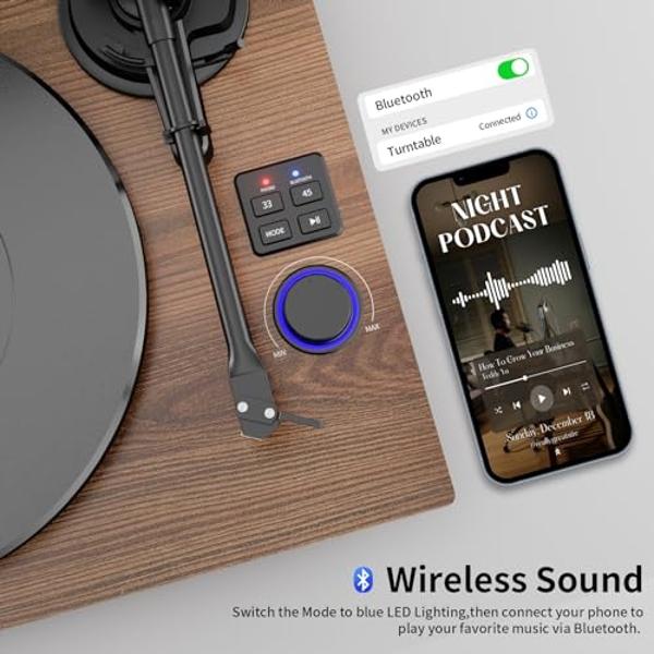 Sistema Hi-Fi con tocadiscos Bluetooth y altavoces de estantería de 36 vatios, reproductor de discos de vinilo de diseño patentado con cartucho magnético, reproducción Bluetooth y 