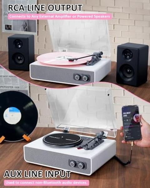 Tocadiscos de vinilo vintage con Bluetooth, 3 velocidades, transmisión por correa, altavoces Hi-Fi y contrapeso ajustable. Reproductor de LP retro portátil para decoración del hoga