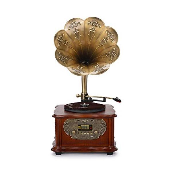 Tocadiscos de vinilo de madera con gramófono y sistema de control de altavoces, 33/45 RPM, FM, AUX, salida USB, Bluetooth 4.2