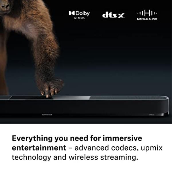 Barra de sonido Sennheiser AMBEO Plus para TV y música con sonido envolvente 3D, configuración de altavoces virtuales 7.1.4, subwoofers duales integrados, conectividad de transmisi