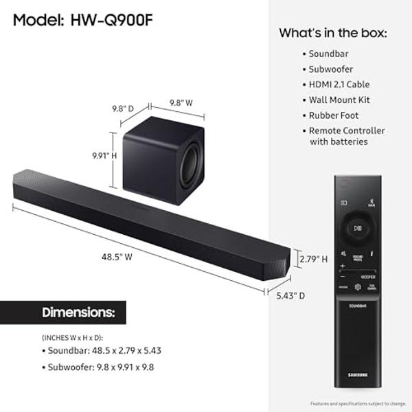 Barra de sonido SAMSUNG Serie Q HW-Q900F Subwoofer de 7.1.2 canales (modelo 2025) Integración inteligente, Dolby Atmos inalámbrico, Q-Symphony