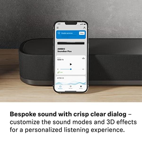 Barra de sonido Sennheiser AMBEO Plus para TV y música con sonido envolvente 3D, configuración de altavoces virtuales 7.1.4, subwoofers duales integrados, conectividad de transmisi