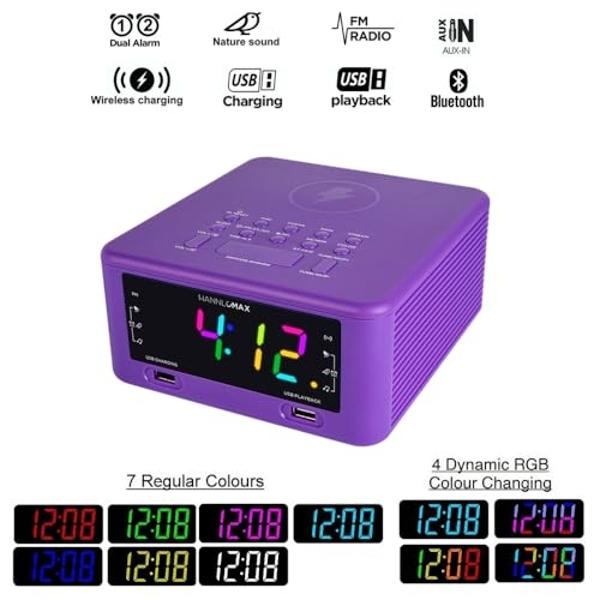Radio despertador HANNLOMAX HX-206Wi con cargador inalámbrico, pantalla a color RGB, puerto USB para carga y reproducción de MP3, Bluetooth, sonidos relajantes para dormir, entrada
