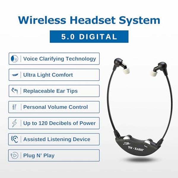 Sistema de auriculares inalámbricos digitales TV Ears: control de volumen personalizado, de bajo a alto, compatible con la mayoría de las marcas de televisores, ideal para personas