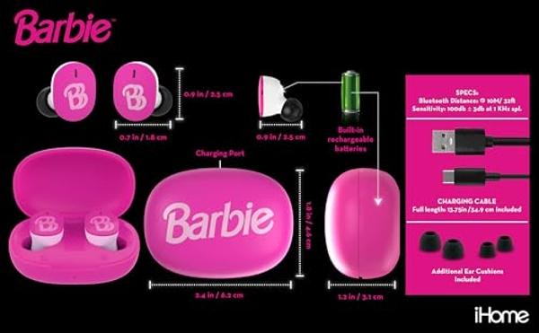 Auriculares inalámbricos Barbie con micrófono, Bluetooth y estuche de carga, ideales para la escuela, el hogar o viajes.