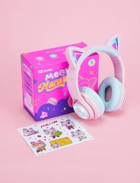 Auriculares Bluetooth iClever con orejas de gato para niños, luces LED, volumen seguro limitado de 74/85 dBA, 50 h de reproducción, Bluetooth 5.2, USB C, auriculares inalámbricos p