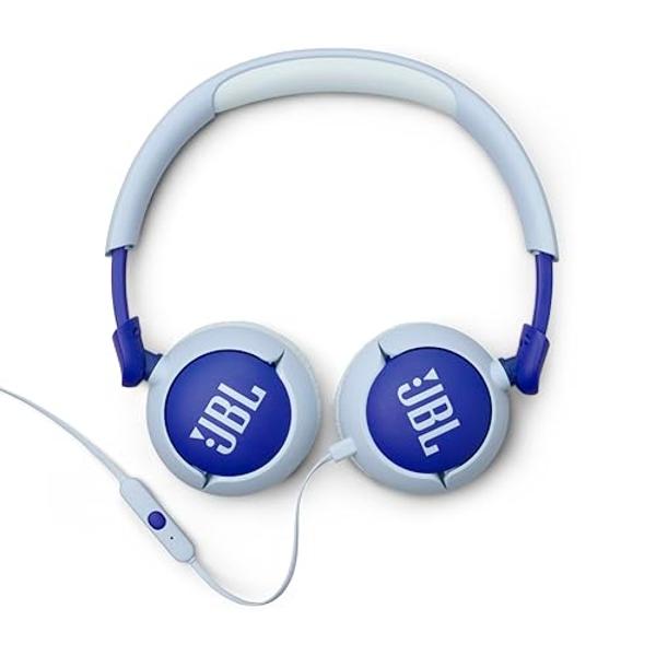 JBL Junior 320 - Auriculares supraurales con cable para niños. Sonido seguro (<85 dB), micrófono integrado, aptos para niños y personalizables con pegatinas incluidas (azul)