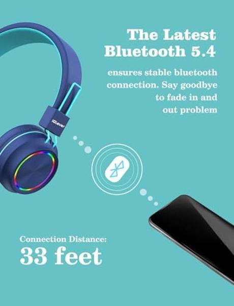 Auriculares Bluetooth para niños iClever BTH03, luces LED de colores, 35 h de autonomía, Bluetooth 5.4, carga rápida tipo C, volumen seguro, micrófono estéreo, auriculares inalámbr