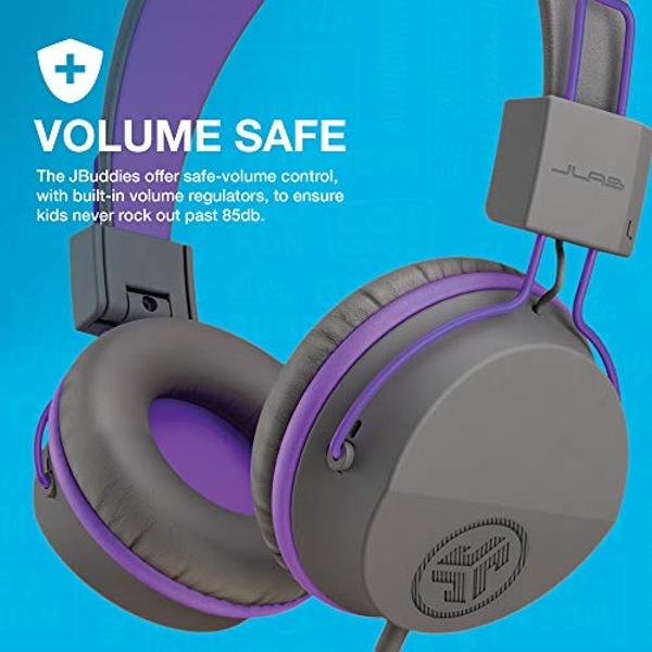 Auriculares supraurales con cable para niños JLab JBuddies Studio, color grafito/morado, aptos para niños pequeños, con control de volumen, limitador de volumen, plegables, ajustab