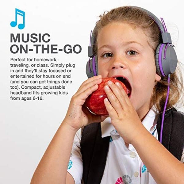 Auriculares supraurales con cable para niños JLab JBuddies Studio, color grafito/morado, aptos para niños pequeños, con control de volumen, limitador de volumen, plegables, ajustab