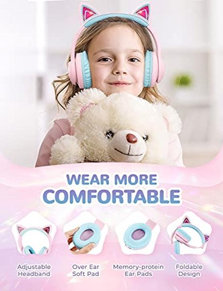 Auriculares Bluetooth iClever con orejas de gato para niños, luces LED, volumen seguro limitado de 74/85 dBA, 50 h de reproducción, Bluetooth 5.2, USB C, auriculares inalámbricos p