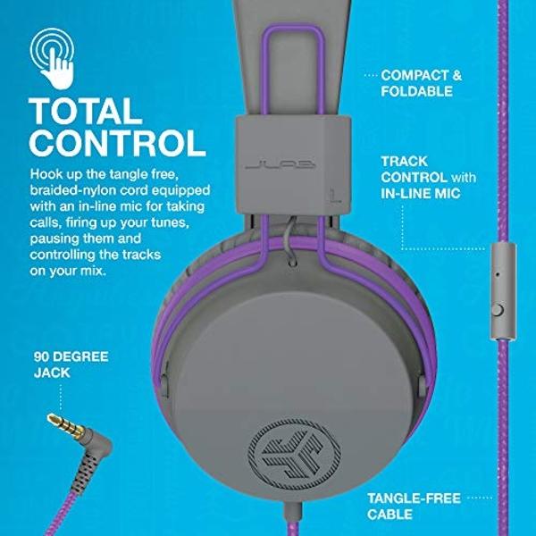 Auriculares supraurales con cable para niños JLab JBuddies Studio, color grafito/morado, aptos para niños pequeños, con control de volumen, limitador de volumen, plegables, ajustab