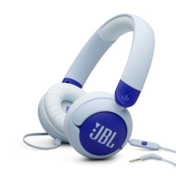JBL Junior 320 - Auriculares supraurales con cable para niños. Sonido seguro (<85 dB), micrófono integrado, aptos para niños y personalizables con pegatinas incluidas (azul)